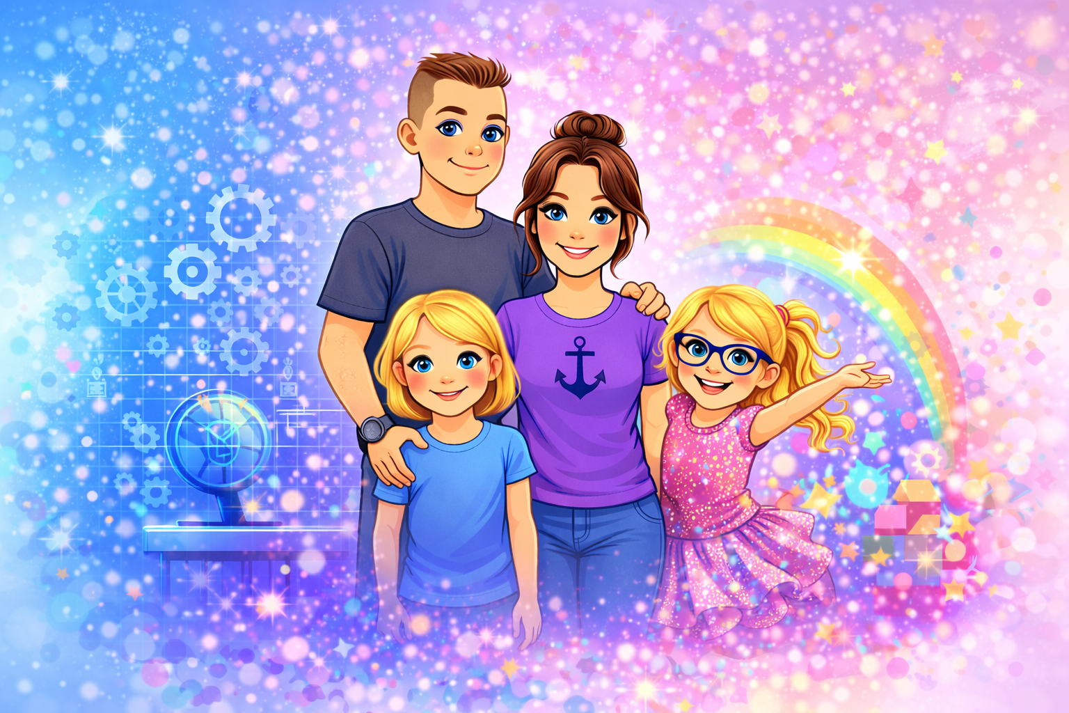 The 3 Worlds · 1 Mom family multiverse portrait: Featuring The Anchor, The Mom in the Middle, The Architect, and The Glitter-Bomb together against a sparkling rainbow and purple celestial background.
