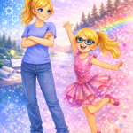 Illustration of the Architect and the Glitter Bomb from 3 Worlds · 1 Mom. Two blonde girls, one with glasses and a pink dress and the other in a blue shirt with gears, standing together in front of a rainbow and pine trees.