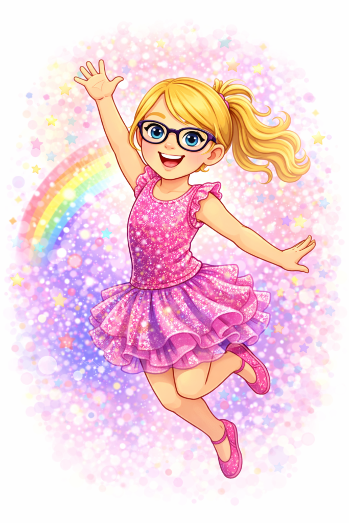 Illustration of the "Glitter Bomb" character from 3 Worlds · 1 Mom—a young blonde girl with glasses and a sparkling pink tutu jumping for joy amidst rainbows and purple stars.