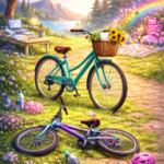A visual metaphor for the 3 Worlds · 1 Mom multiverse: The Architect’s upright teal bicycle and The Glitter-Bomb’s purple bike resting in a sunny field of wildflowers with a pink helmet.