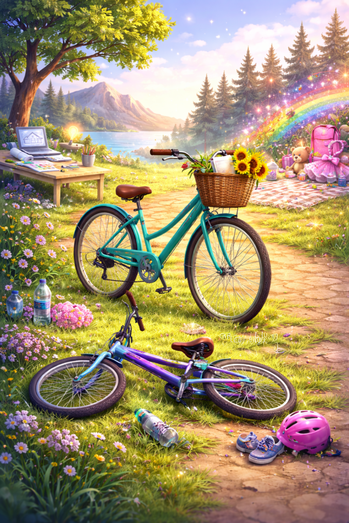 Two bikes representing the different personalities involved in parenting different children: the cautious Architect and the fearless Glitter-Bomb.