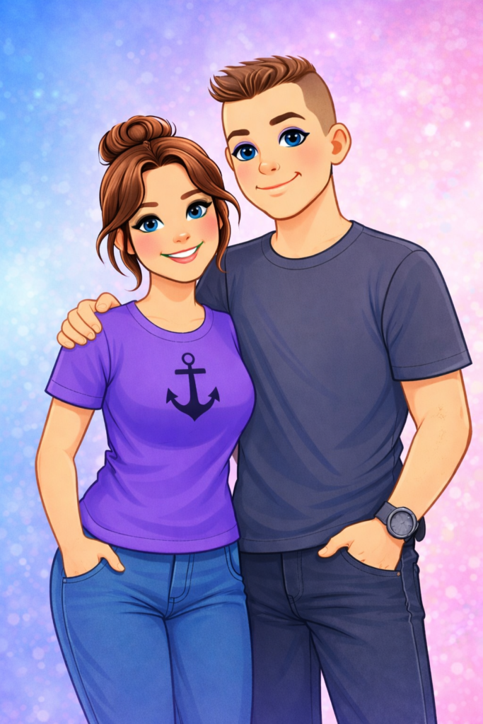 Cartoon illustration of a smiling woman in a purple anchor shirt and a woman with a shaved-side hairstyle (The Anchor) representing the parents of the 3 Worlds · 1 Mom multiverse.