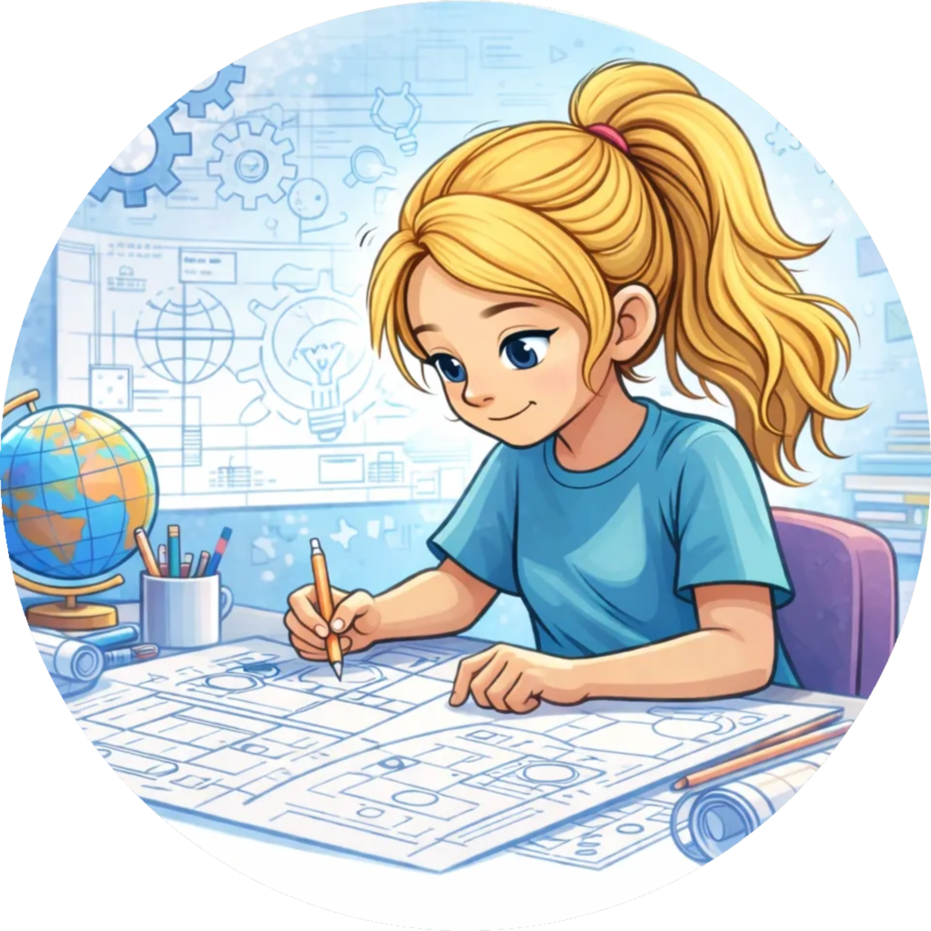 An illustration of a young girl with blonde hair drawing technical blueprints, representing a child who thrives on organization and planning.