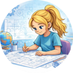 Illustration of a young girl with blonde hair in a ponytail, smiling while drawing technical blueprints on a desk. The background features a globe, gears, and architectural sketches in a soft blue and yellow color palette.