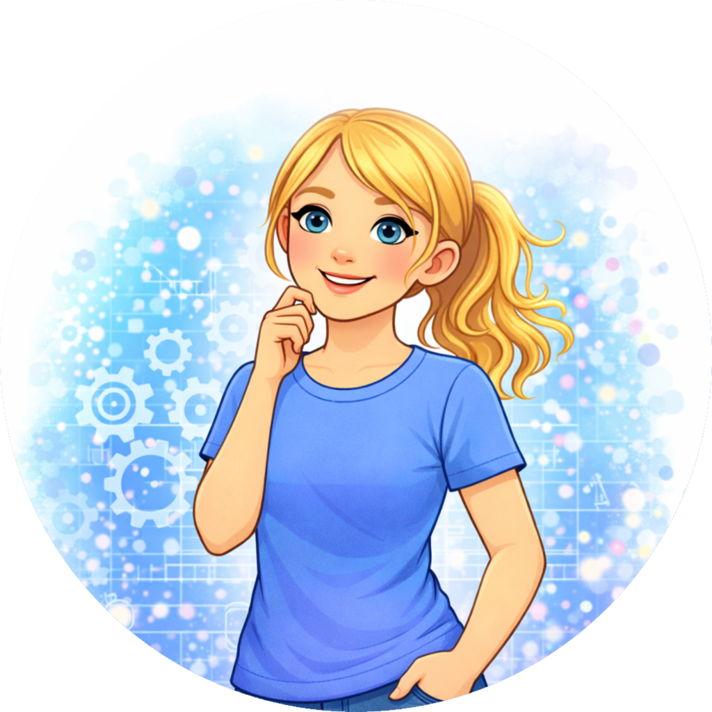 The Architect character from 3 Worlds · 1 Mom—a smiling blonde girl in a blue shirt with gears and digital blueprints in the background.