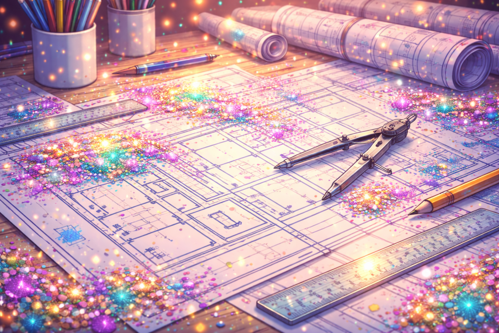 The 3 Worlds · 1 Mom brand header: A whimsical architectural blueprint representing The Architect, covered in colorful glitter representing The Glitter Bomb.