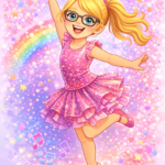 An energetic illustration of the "Glitter Bomb" from 3 Worlds · 1 Mom. A young blonde girl with glasses and a pink dress jumping for joy against a magical background of a rainbow, purple stars, and shimmering sparkles.