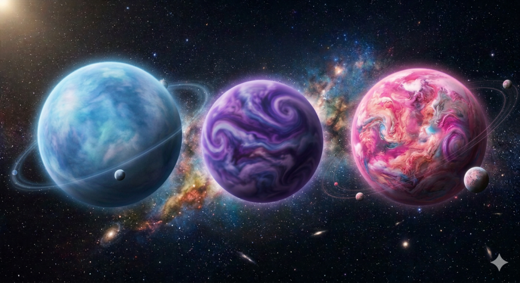 Three colorful planets representing the different worlds of the Architect, the Glitter-Bomb, and the Mom.