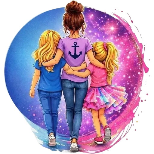 Illustration of a mother and two young daughters with their arms around each other, standing inside a circular cosmic image with a clean blue circle to the left blending to a messy pink and purple circle on the right. The mother wears a purple shirt with an anchor logo.